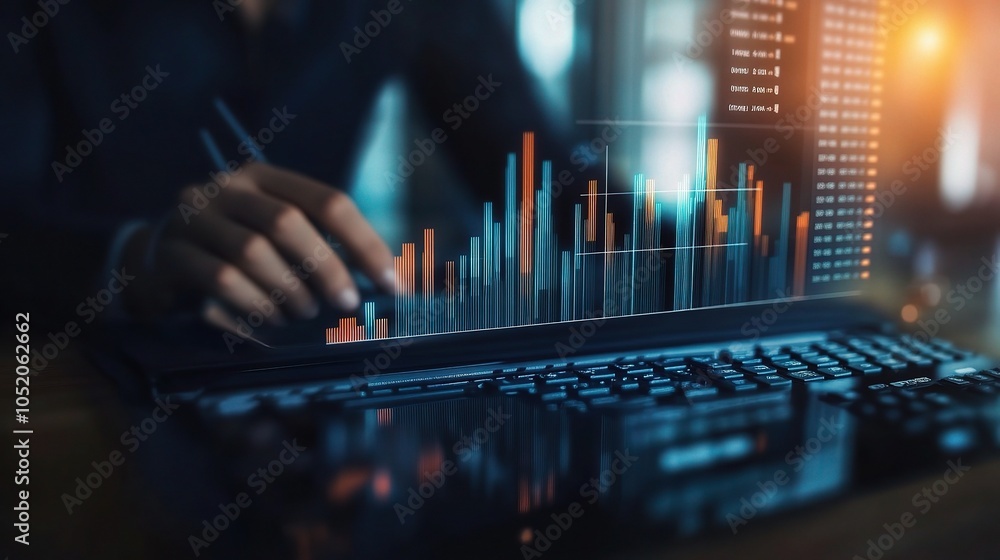 Poster data analysis with charts and graphs on laptop screen