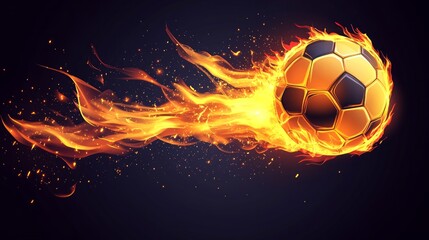 Fototapeta premium A soccer ball engulfed in flames, flying through the air.