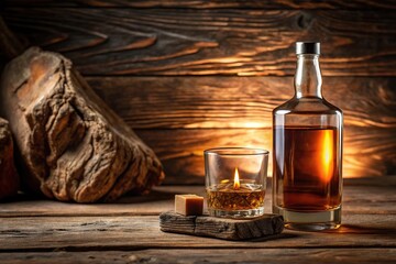 A bottle of whiskey sitting on a wooden table, with a single candle lit next to it, surrounded by natural textures like leather and stone, wooden table, candle, container
