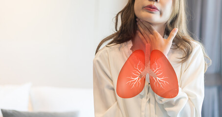 Sick asian women touching neck unwell coughing with sore throat pain,lung...