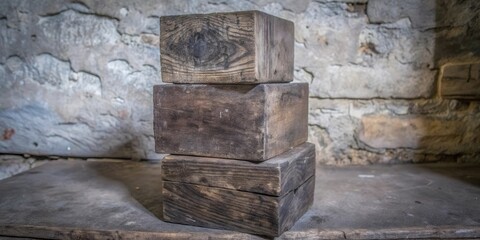 A Stack of Weathered Wooden Blocks Resting on a Rough-Hewn Surface, Set Against a Rustic Stone Wall
