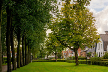 Fototapeta premium Cityscape of a small town village with traditional houses, Schiermonnikoog is a municipality and national park in the Northern Netherlands, One of the West Frisian Islands on the edge of the North Sea