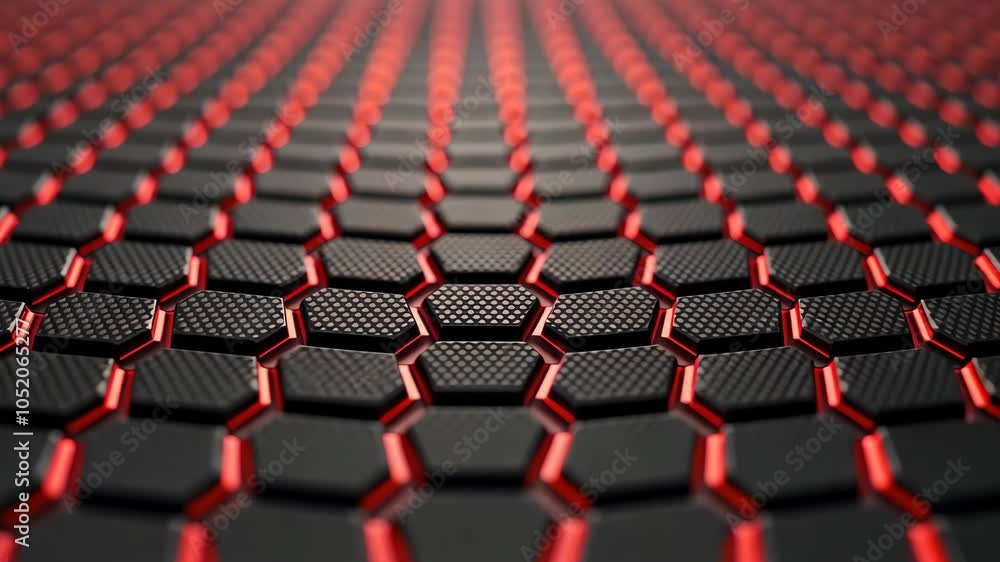 Poster Abstract Red and Black Hexagonal Pattern with Depth of Field, Modern Geometric Background, Futuristic Design for Technology, Science, and Digital Concepts, Close-Up Hexagon Texture