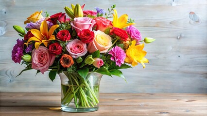 Fototapeta premium A bouquet of colorful flowers with roses, lilies, and carnations arranged in a elegant vase, bouquets, garden fresh
