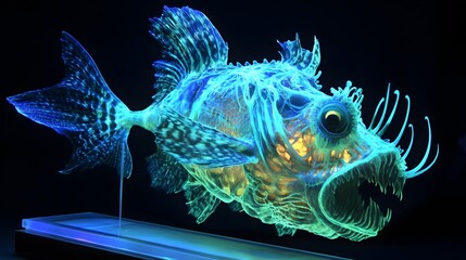 Glowing anglerfish model on dark background.