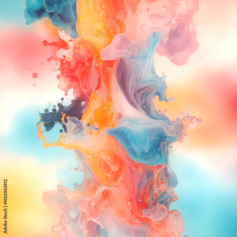 Poster Abstract composition in which flowing shapes of colored clouds blend together on a light background. The movement is reminiscent of flowing ink