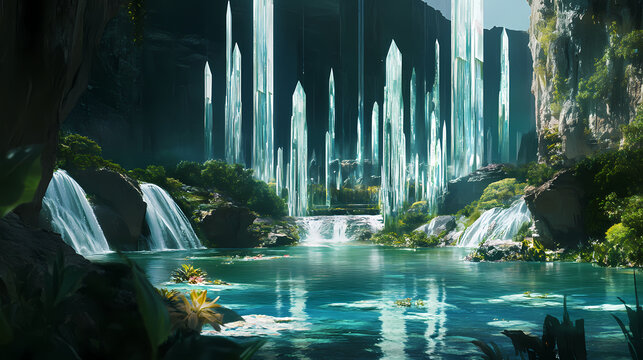 A lemurian palace with crystal spires and waterfalls cascading into shimmering lagoons, majestic and ethereal with a focus on opulence and natural beauty. Crystal Palace. Illustration