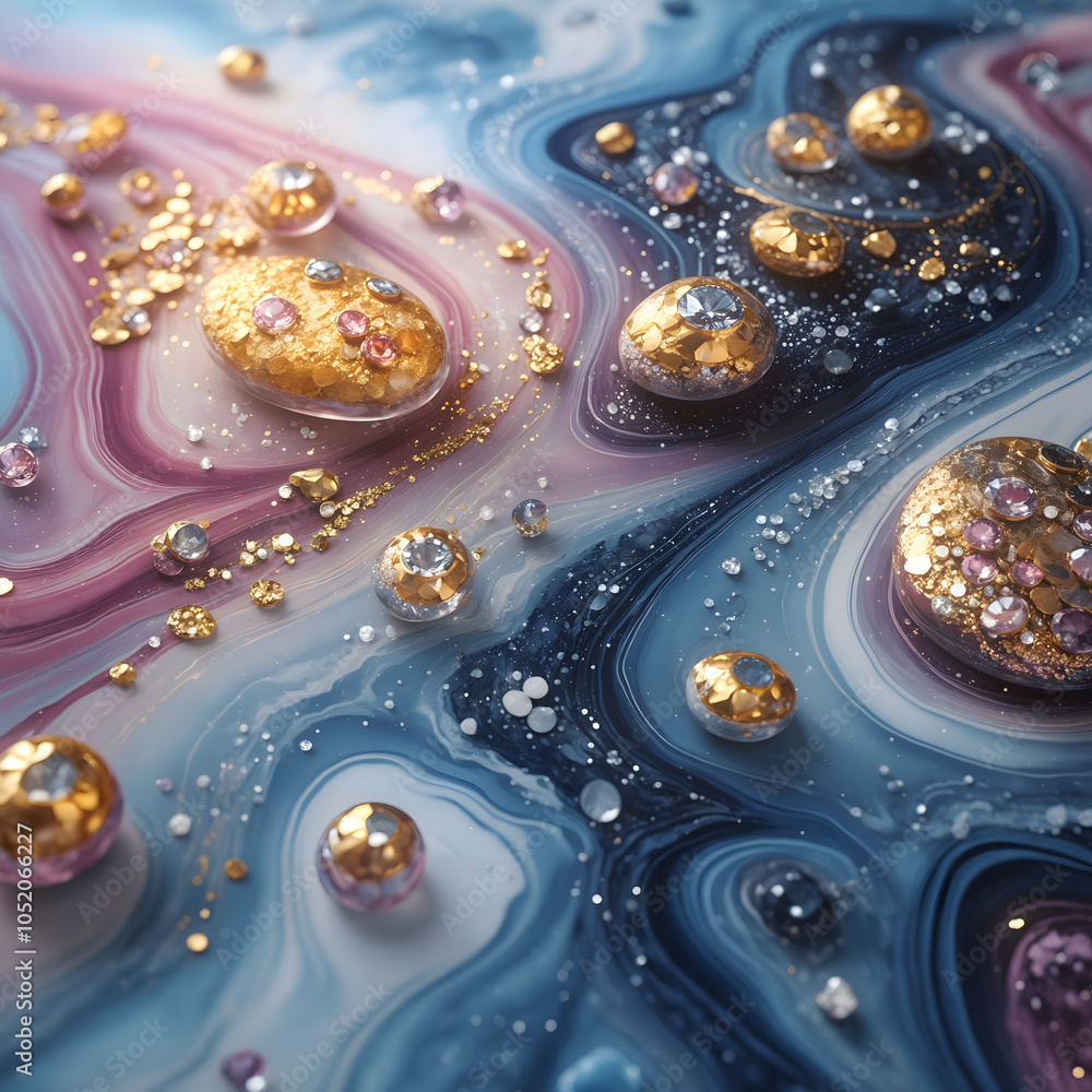 Poster abstract composition with shimmering streams of marble in soft shades of blue, pink and purple and g