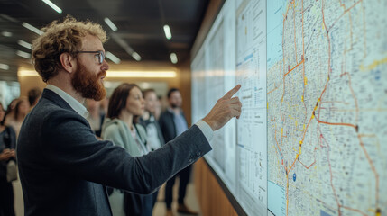 A man points to a large map on a screen during a presentation.