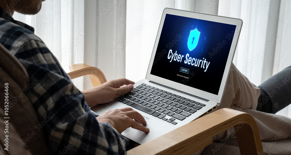 Poster cyber security system on computer screen protect private information snugly from hacker and cyber at