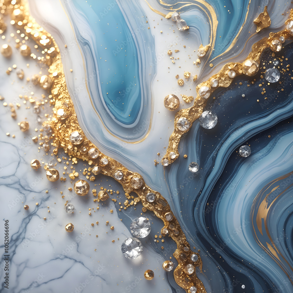 Poster The gradient of the luxurious marble surface in delicate shades of lilac and white frames golden figures dotted with shining stones. The composition creates the illusion of an easy flow with elements 