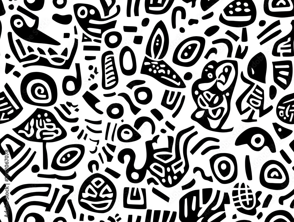 Poster an abstract drawing of various birds in abstract design and doodle style.