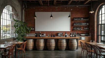 rustic restaurant interior, weathered red brick walls, large white-framed blank menu board, 