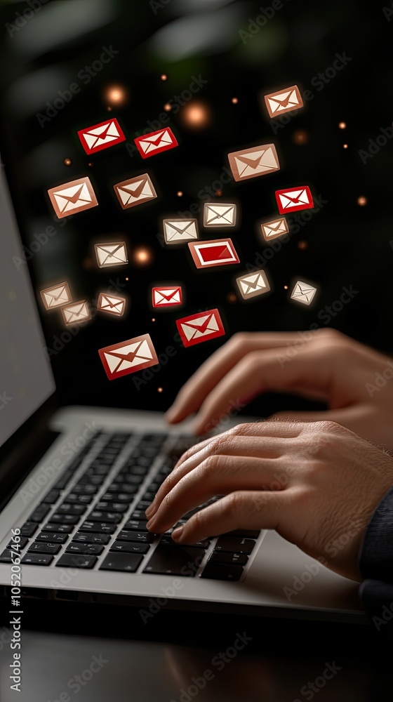 Poster a man types on his laptop, navigating email security with virtual alerts and icons in a dark office 