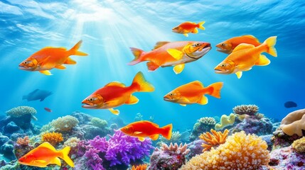 Fototapeta premium Underwater Scene Showing a School of Salmon Swimming Gracefully in Clear Blue Ocean Waters