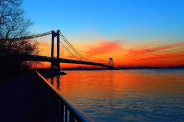 Narrows Bridge. Dusk View of Verrazano Bridge Connecting Brooklyn and Staten Island