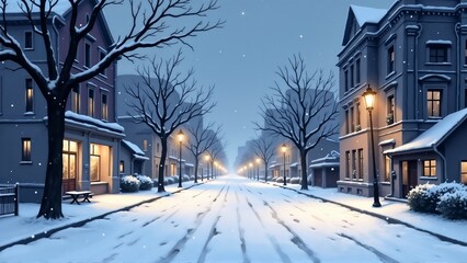 Nighttime snowy city street illustration with lampposts and bare trees