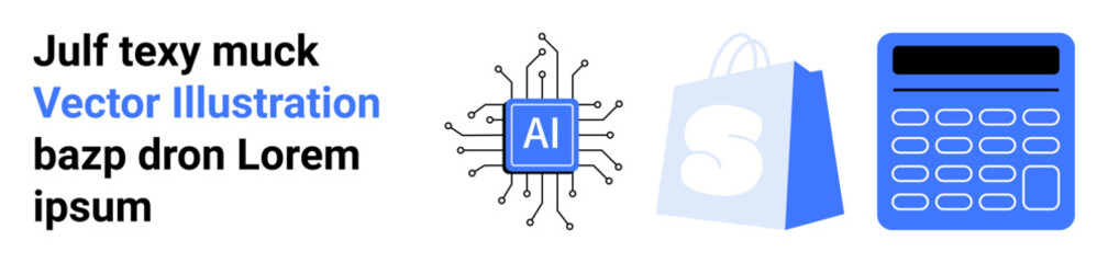 AI chip, shopping bag, and calculator. Ideal for artificial intelligence innovation, e-commerce, financial technology, business management, and digital marketing. Landing page