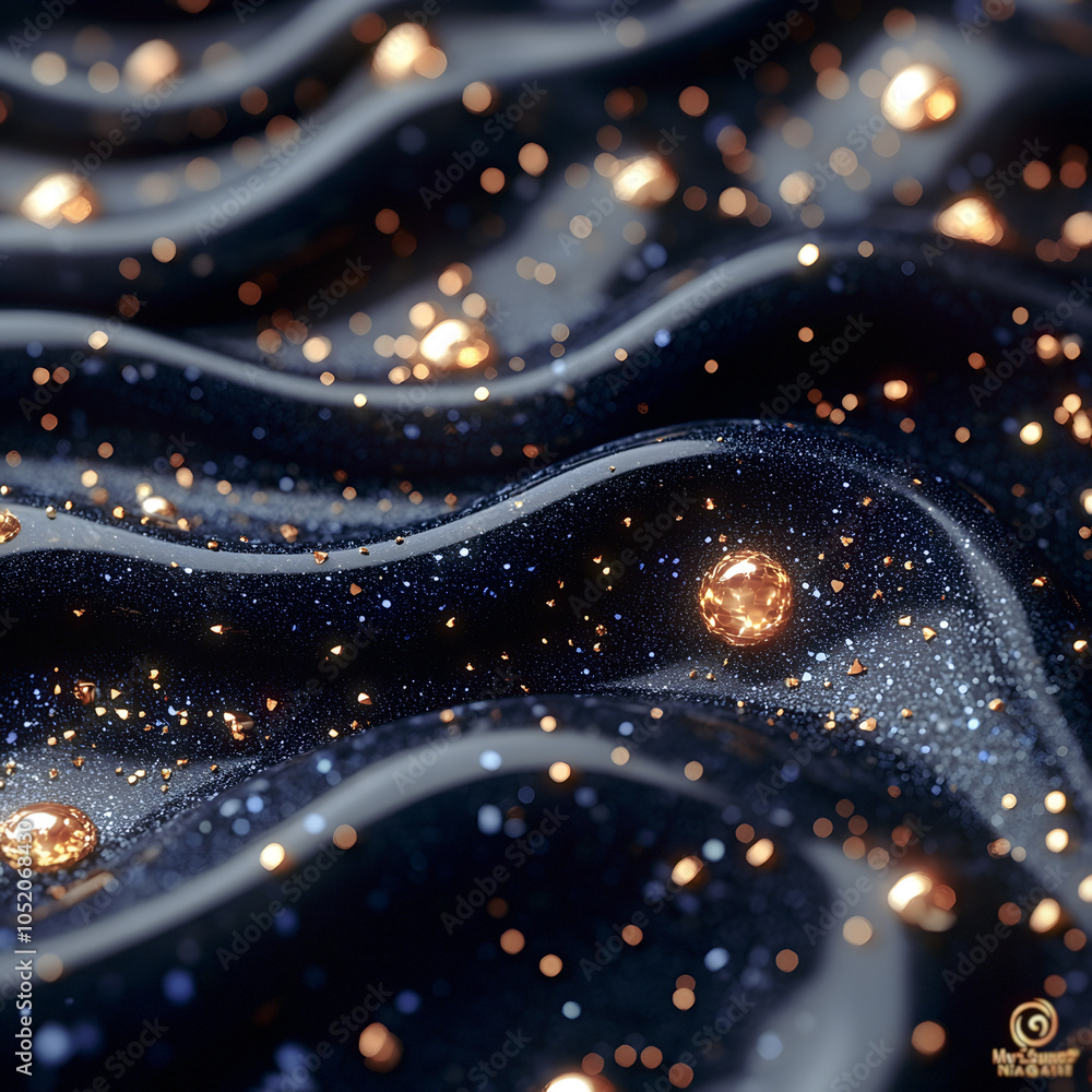 Poster luxurious waves of dark marble surface with scattered sparkling and shimmering gemstones and bright 