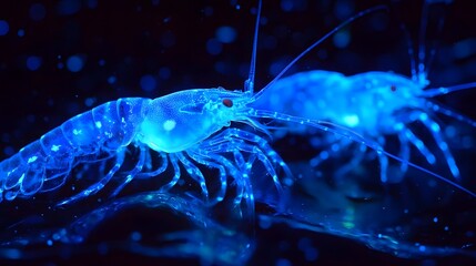 Glowing shrimp in dark underwater setting