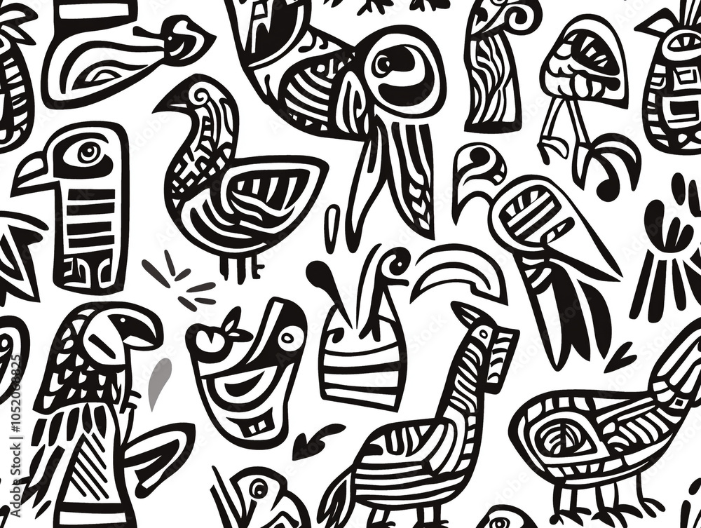 Poster an abstract drawing of various birds in abstract design and doodle style.