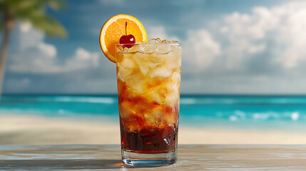 Long glass of layered cocktail with vibrant colors, garnished with a slice of orange and a cherry, against a tropical beach background