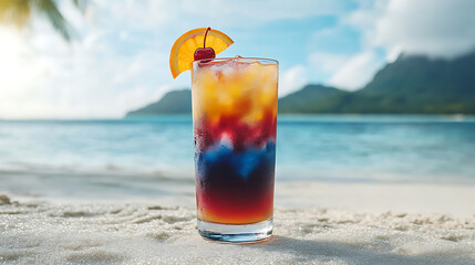 Long glass of layered cocktail with vibrant colors, garnished with a slice of orange and a cherry, against a tropical beach background