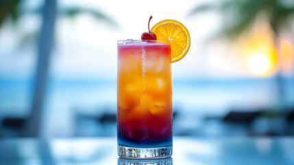 Long glass of layered cocktail with vibrant colors, garnished with a slice of orange and a cherry, against a tropical beach background