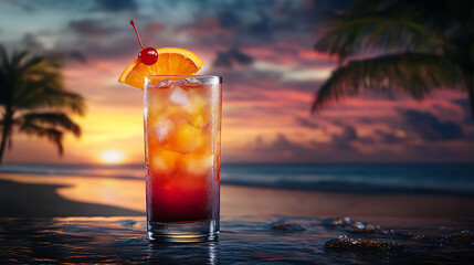 Long glass of layered cocktail with vibrant colors, garnished with a slice of orange and a cherry, against a tropical beach background