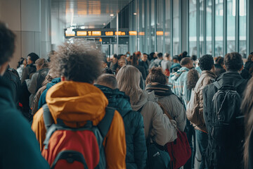 Congested airport terminal with tourists waiting in long security lines