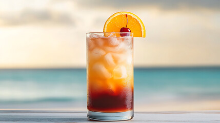 Long glass of layered cocktail with vibrant colors, garnished with a slice of orange and a cherry, against a tropical beach background