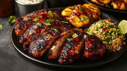 Platter of Smoky Jerk Chicken with a Side of Rice and Peas and Plantains