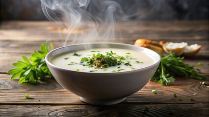 A bowl of steaming white soup with a sprinkle of herbs on top, flavorful broth, herbal garnish