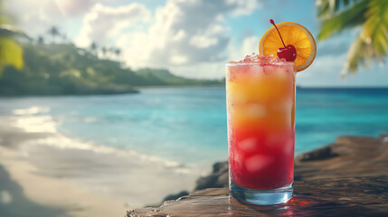 Long glass of layered cocktail with vibrant colors, garnished with a slice of orange and a cherry, against a tropical beach background