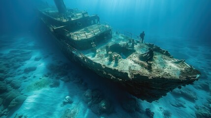 A team of experts is salvaging a sunken ship that lies beneath the sea.