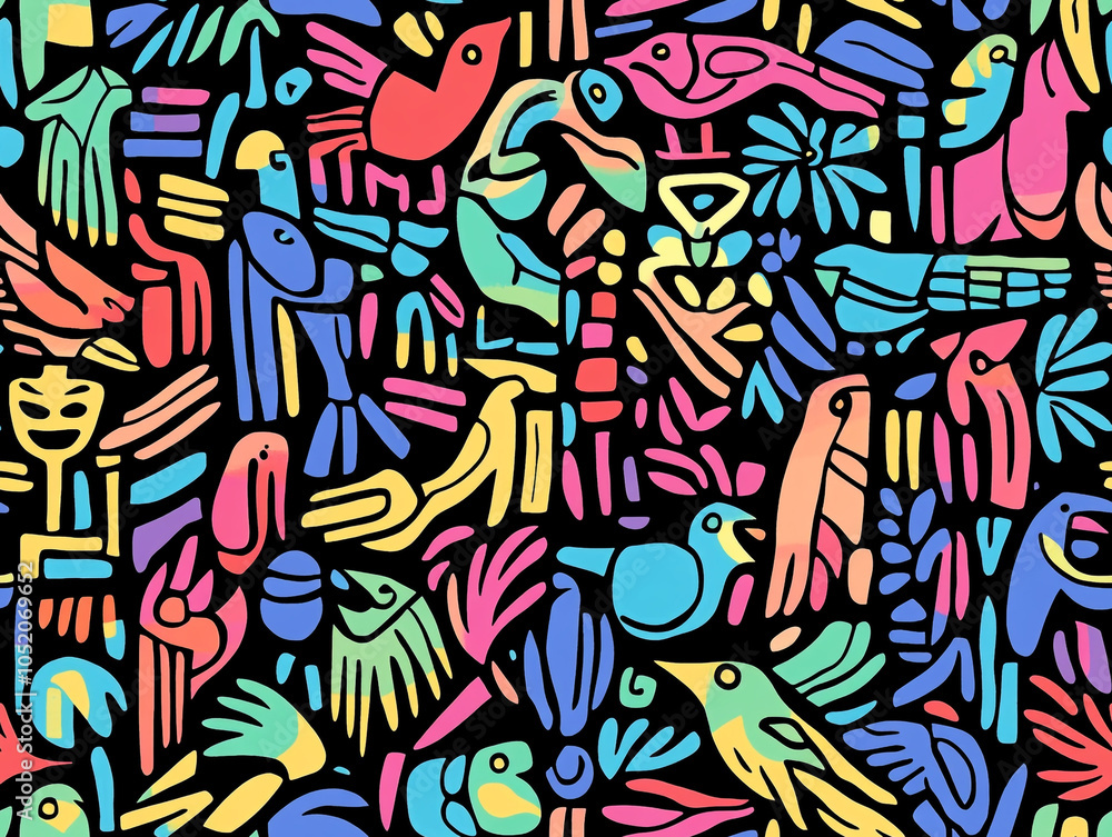Poster an abstract drawing of various birds in abstract design and doodle style.