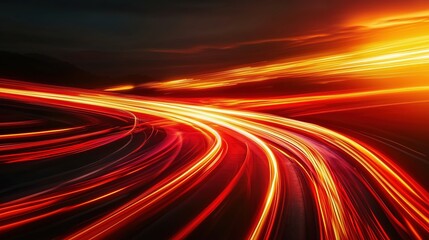 Abstract image of red and orange light trails on a curved road at sunset, depicting a fast-moving car on a night highway, creating a dynamic motion background ideal for design elements and presentatio