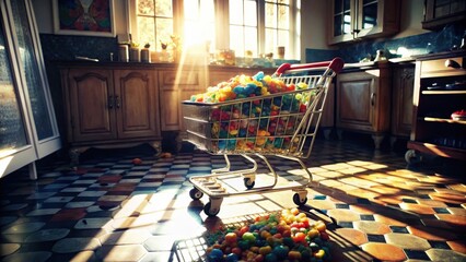 Naklejka premium A miniature shopping cart overflowing with colorful candies sits on a checkered floor bathed in the warm glow of sunlight filtering through a window.
