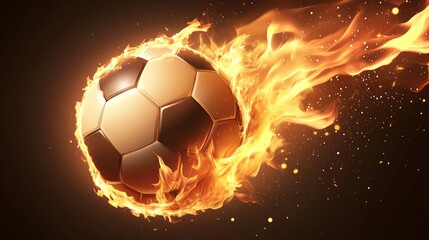 Naklejka premium A soccer ball on fire, a symbol of passion and energy, is flying through the air with a trail of flames.