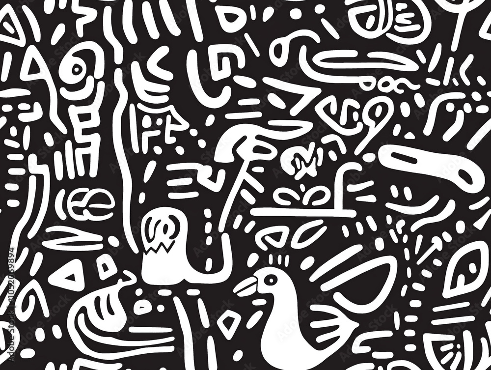 Poster an abstract drawing of various birds in abstract design and doodle style.