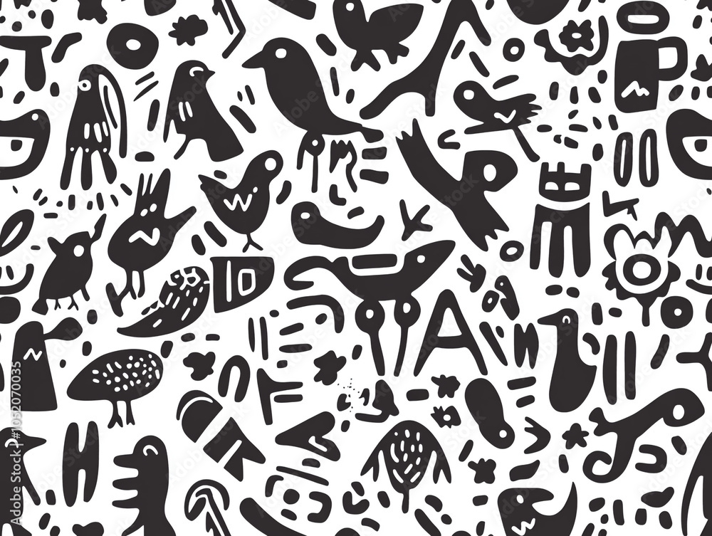 Poster an abstract drawing of various birds in abstract design and doodle style.