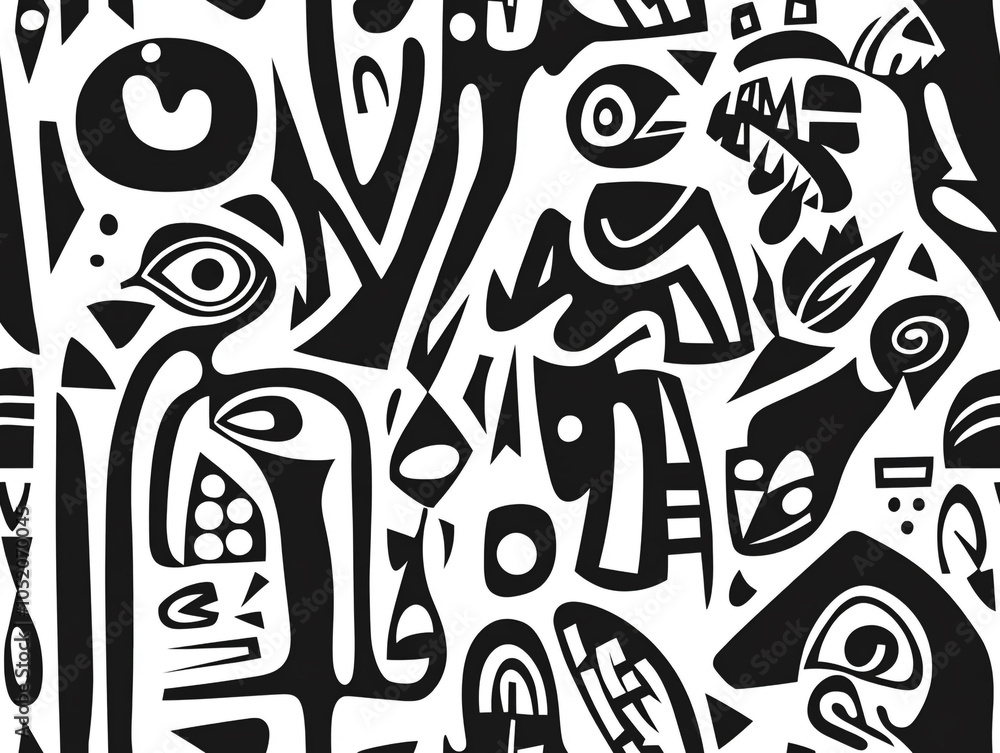Poster an abstract drawing of various birds in abstract design and doodle style.