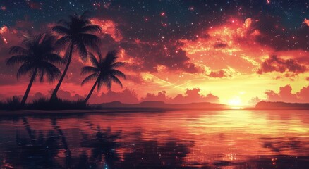 Obraz premium Sunset over a tranquil beach with palm trees and a colorful sky reflecting on the water