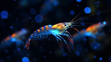 Vibrant shrimp glowing underwater, dark background