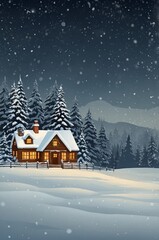 Naklejka premium Wooden house for New Year's Eve in the mountains, snow-covered trees and festive mood.