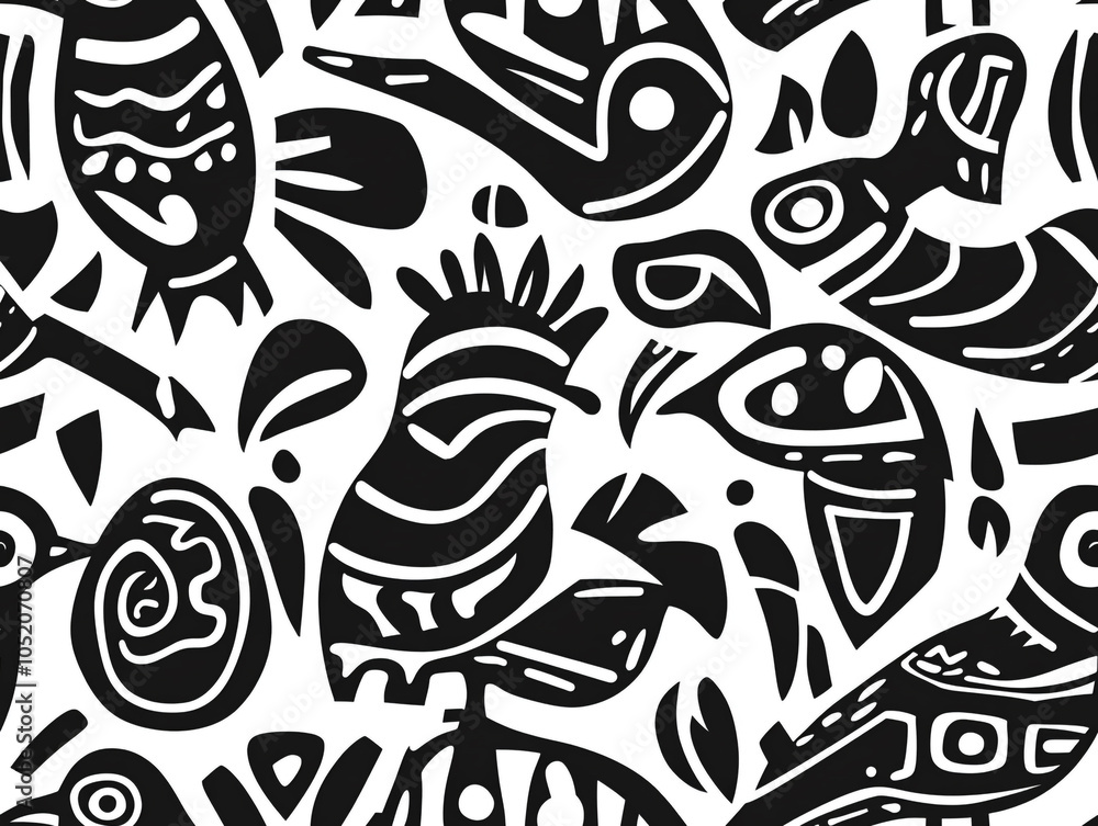 Poster an abstract drawing of various birds in abstract design and doodle style.
