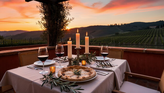 Romantic dinner with pizza and wine overlooking a beautiful vineyard at sunset