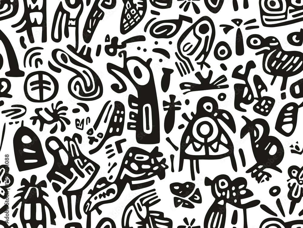 Poster an abstract drawing of various birds in abstract design and doodle style.