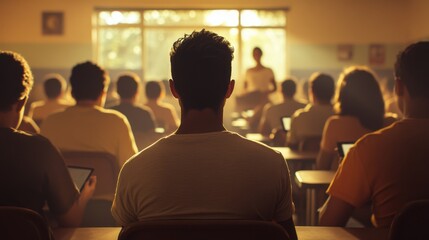 Fototapeta premium Backlit Classroom Setting with Students Engaged in Learning. Generative ai