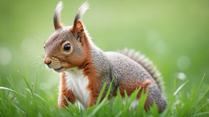 Obraz premium A wary squirrel sits on the green grass, a common squirrel.
